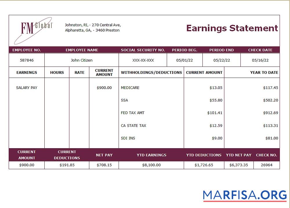 Realistic USA insurance company earning statement template